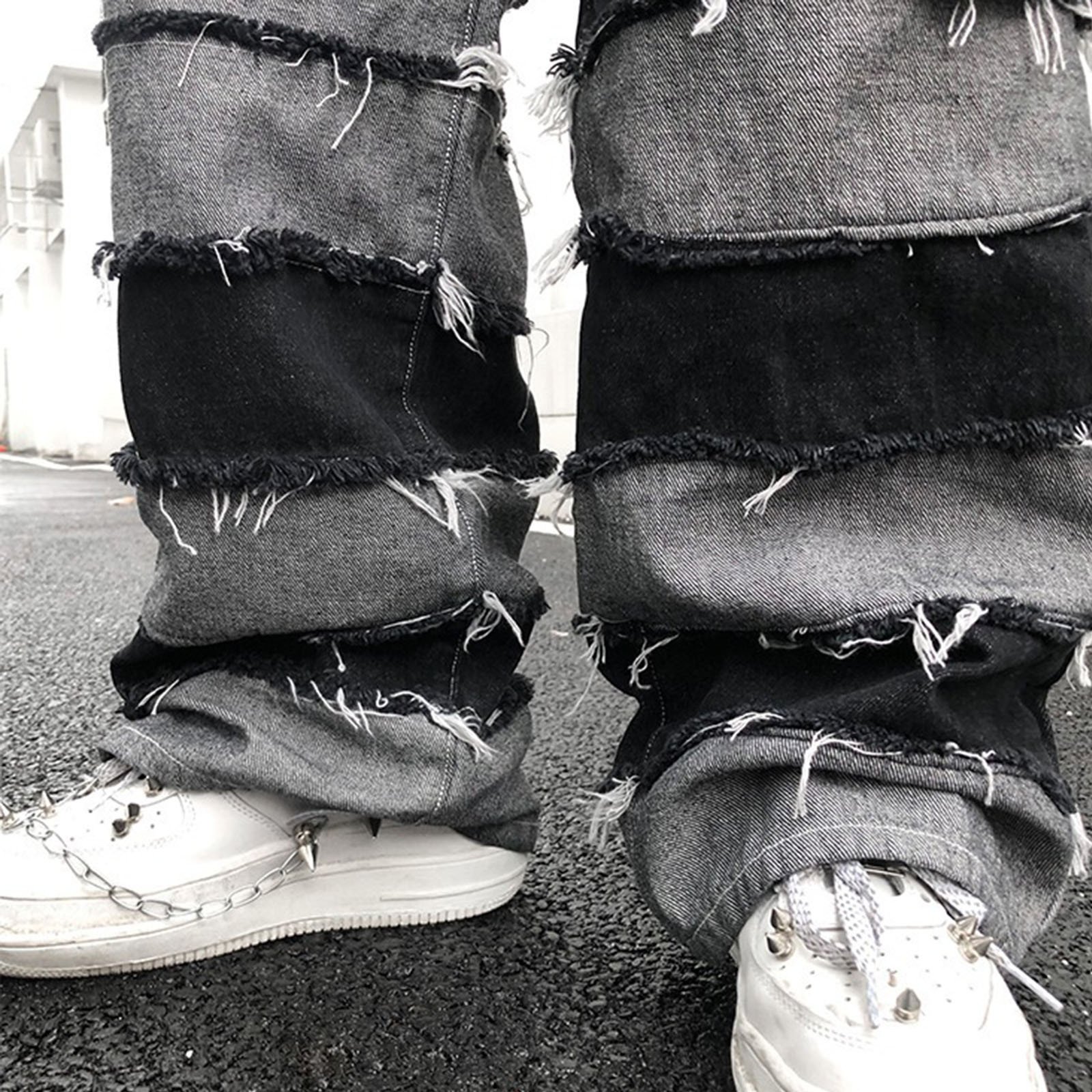 Tassel Jeans Men's Patchwork Wide Leg Lazy Style Hip Hop Loose Denim Pants Men Baggy Ripped Distressed Stacked Jeans Grunge