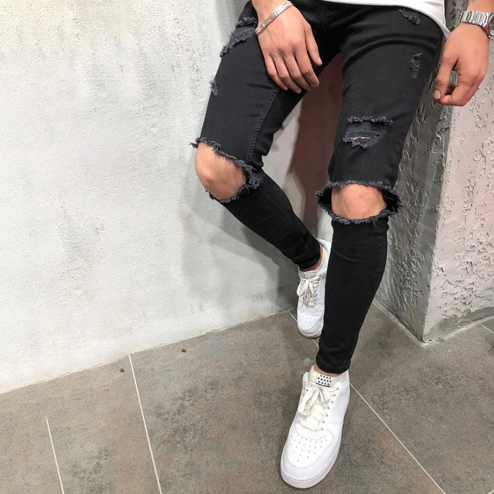 Men Pants Comfortable Jeans Slim Fit Small Feet Scratched Denim Ripped Jeans Streetwear Baggy Jeans Y2k Punk Long Trousers