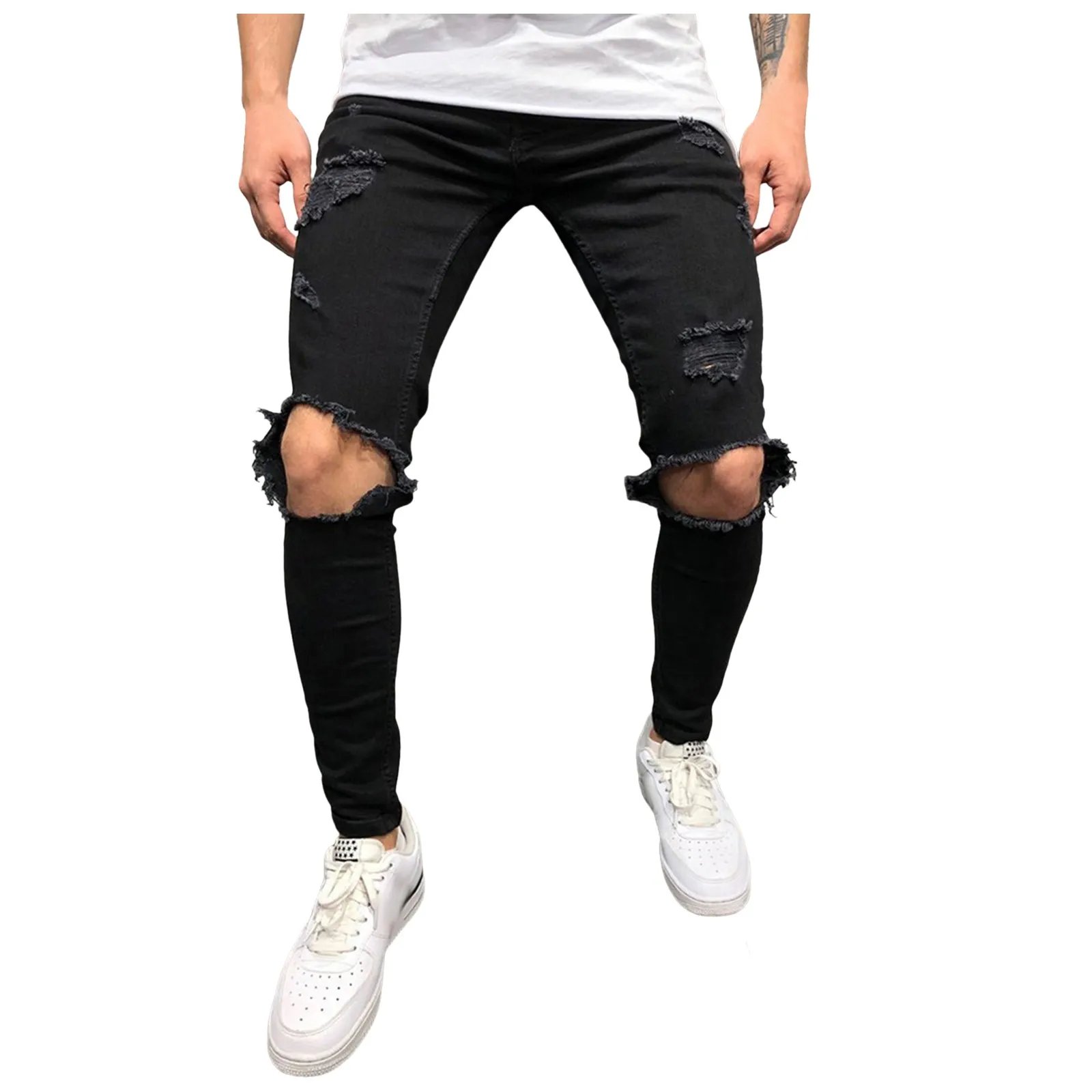 Men Pants Comfortable Jeans Slim Fit Small Feet Scratched Denim Ripped Jeans Streetwear Baggy Jeans Y2k Punk Long Trousers