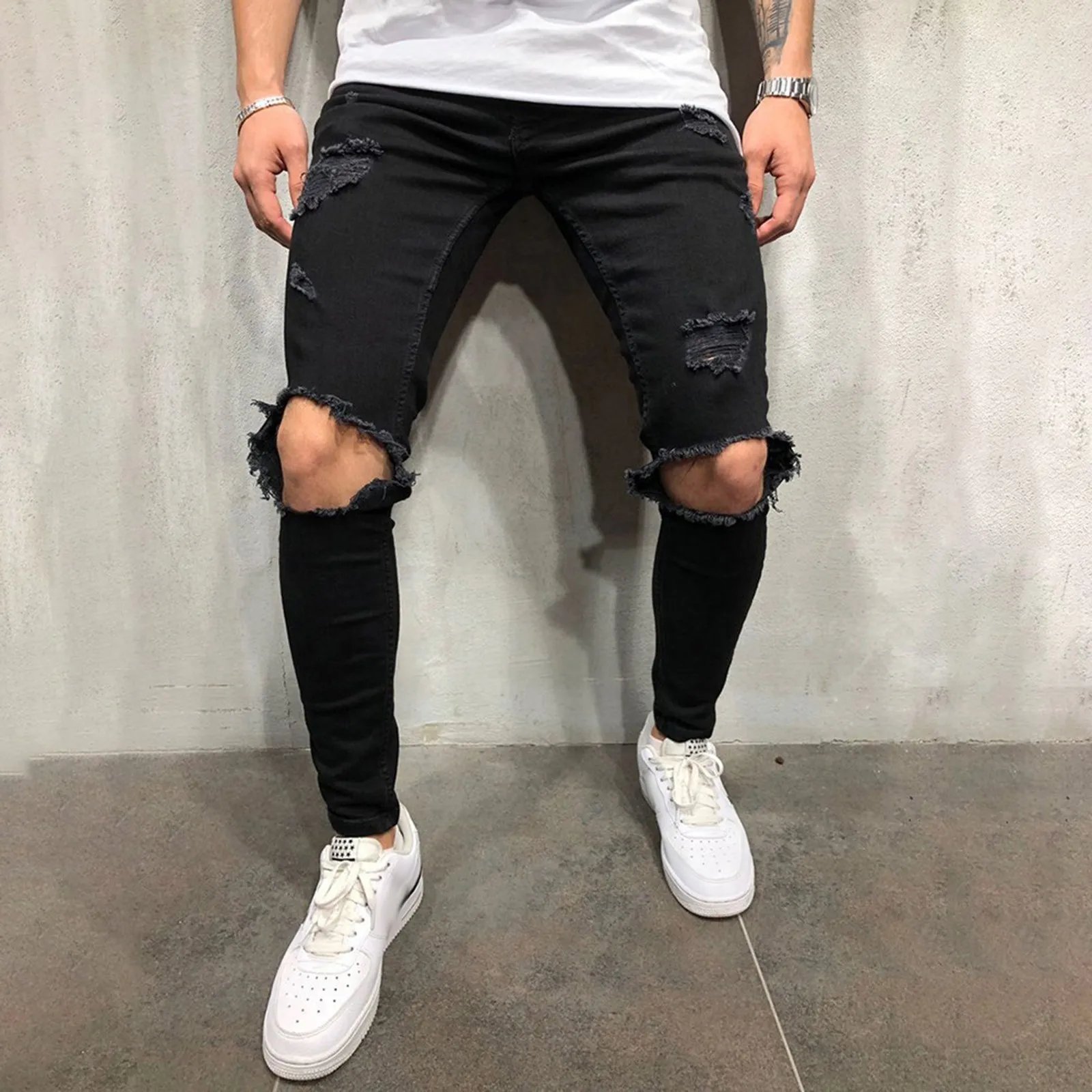 Men Pants Comfortable Jeans Slim Fit Small Feet Scratched Denim Ripped Jeans Streetwear Baggy Jeans Y2k Punk Long Trousers