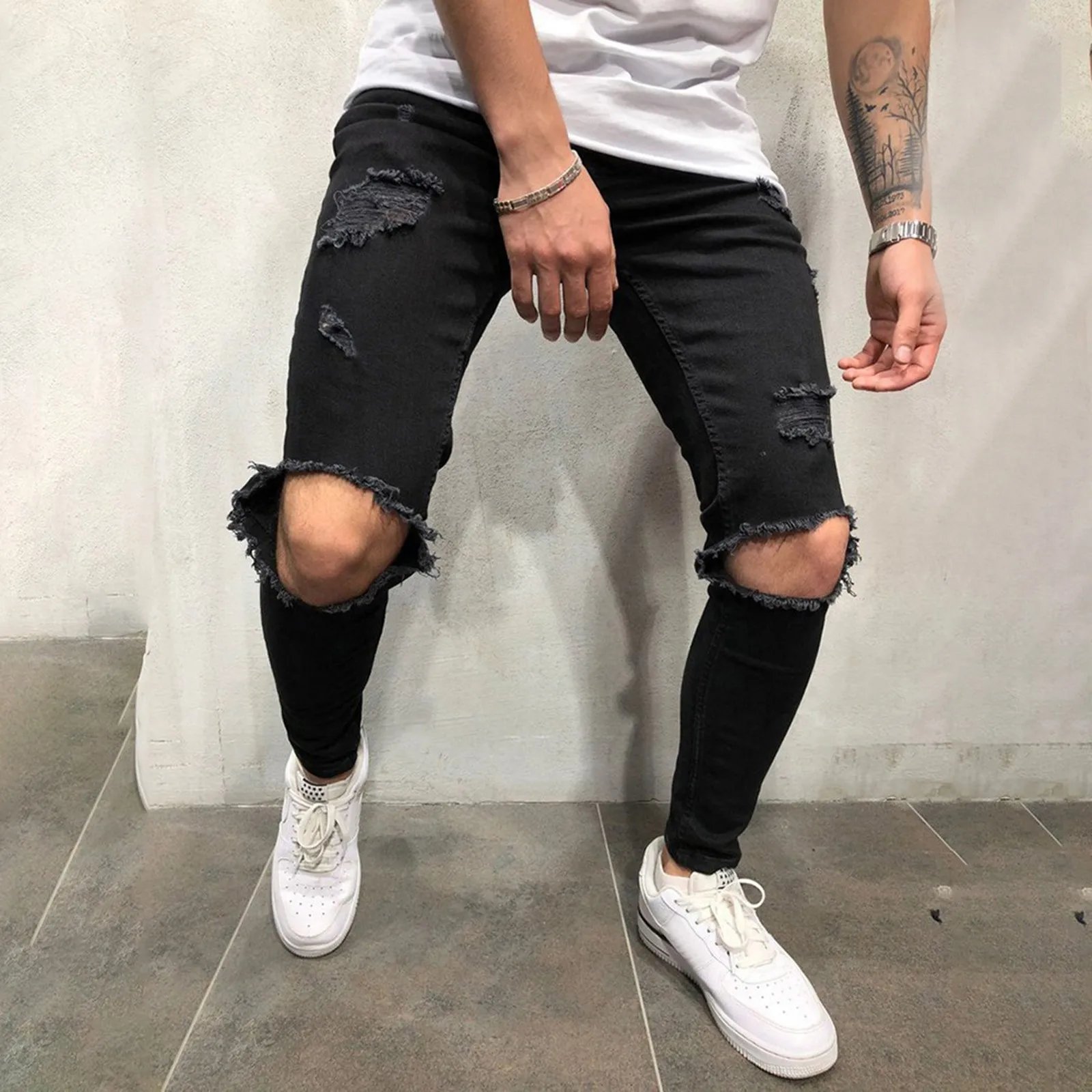 Men Pants Comfortable Jeans Slim Fit Small Feet Scratched Denim Ripped Jeans Streetwear Baggy Jeans Y2k Punk Long Trousers