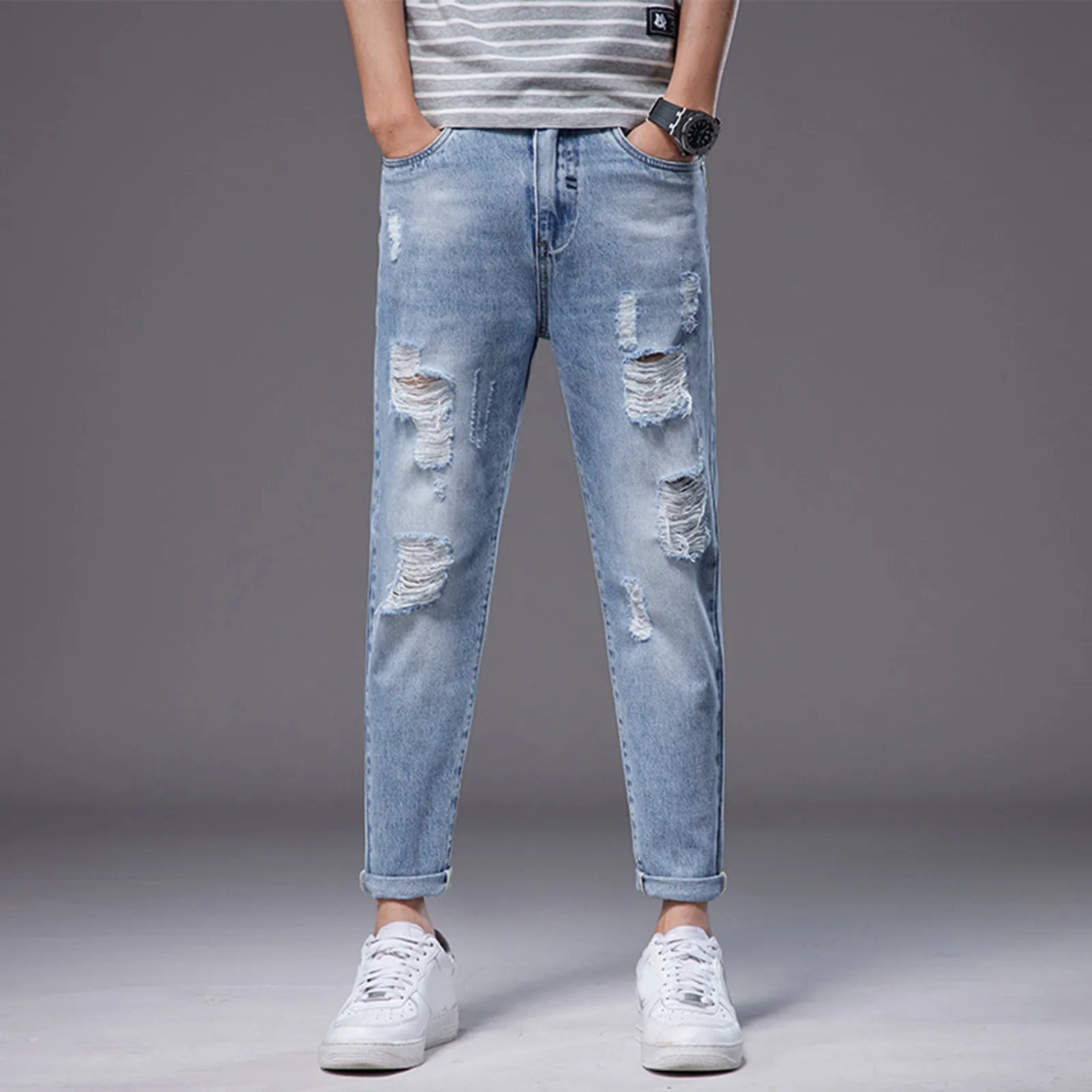 Mens Autumn Winter Casual Pant Sports Pants With Pocket Fashion Jeans Nine Points Pants Men Baggy Harem Jean Trousers