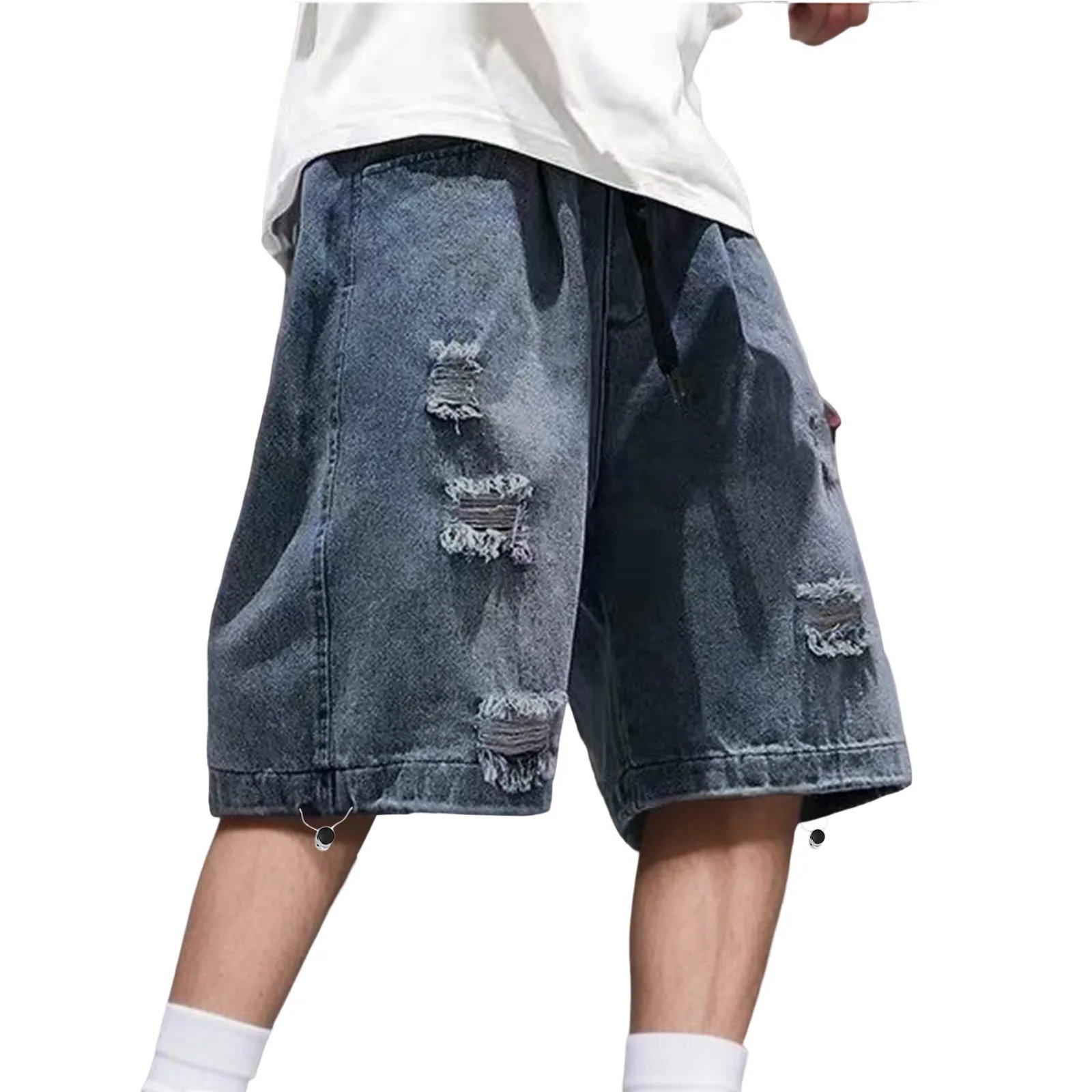 Mens Jeans Summer Loose Straight Leg Baggy Jeans Casual Pocket Denim Quarter Shorts Solid Colour Street Style Denim Shorts