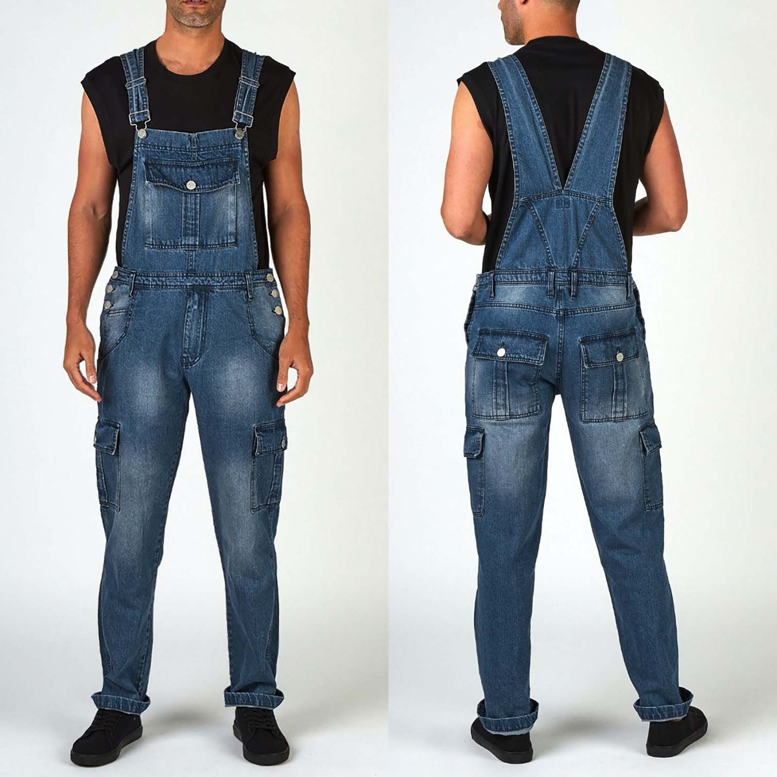 Mens Jeans Fashion Baggy Washed Denim Jumpsuit Multi Pocket Denim Overalls Jumpsuit Jeans Male Long Denim Trousers Vaqueros