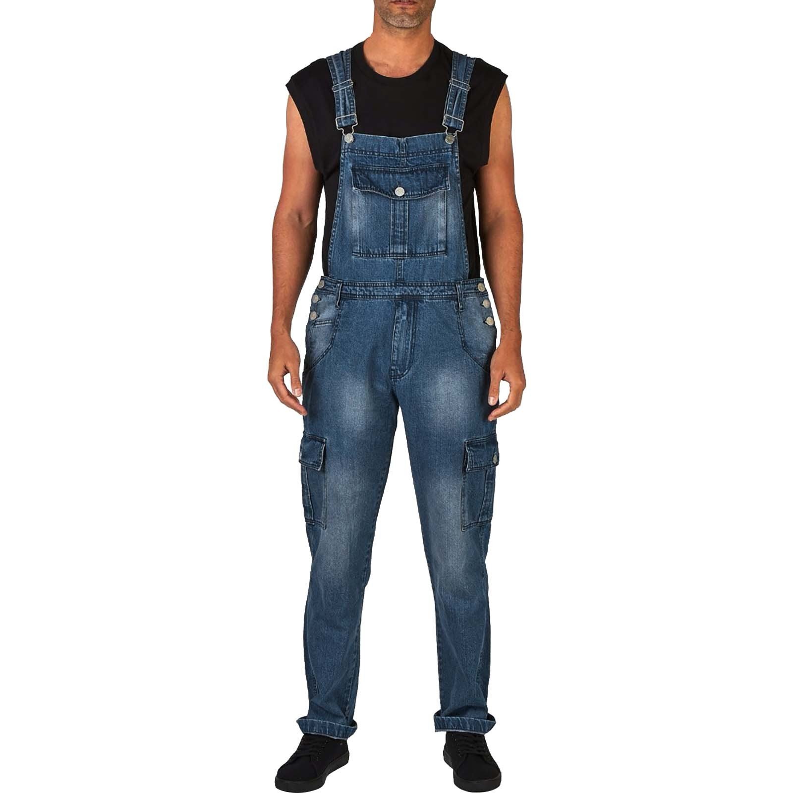 Mens Jeans Fashion Baggy Washed Denim Jumpsuit Multi Pocket Denim Overalls Jumpsuit Jeans Male Long Denim Trousers Vaqueros