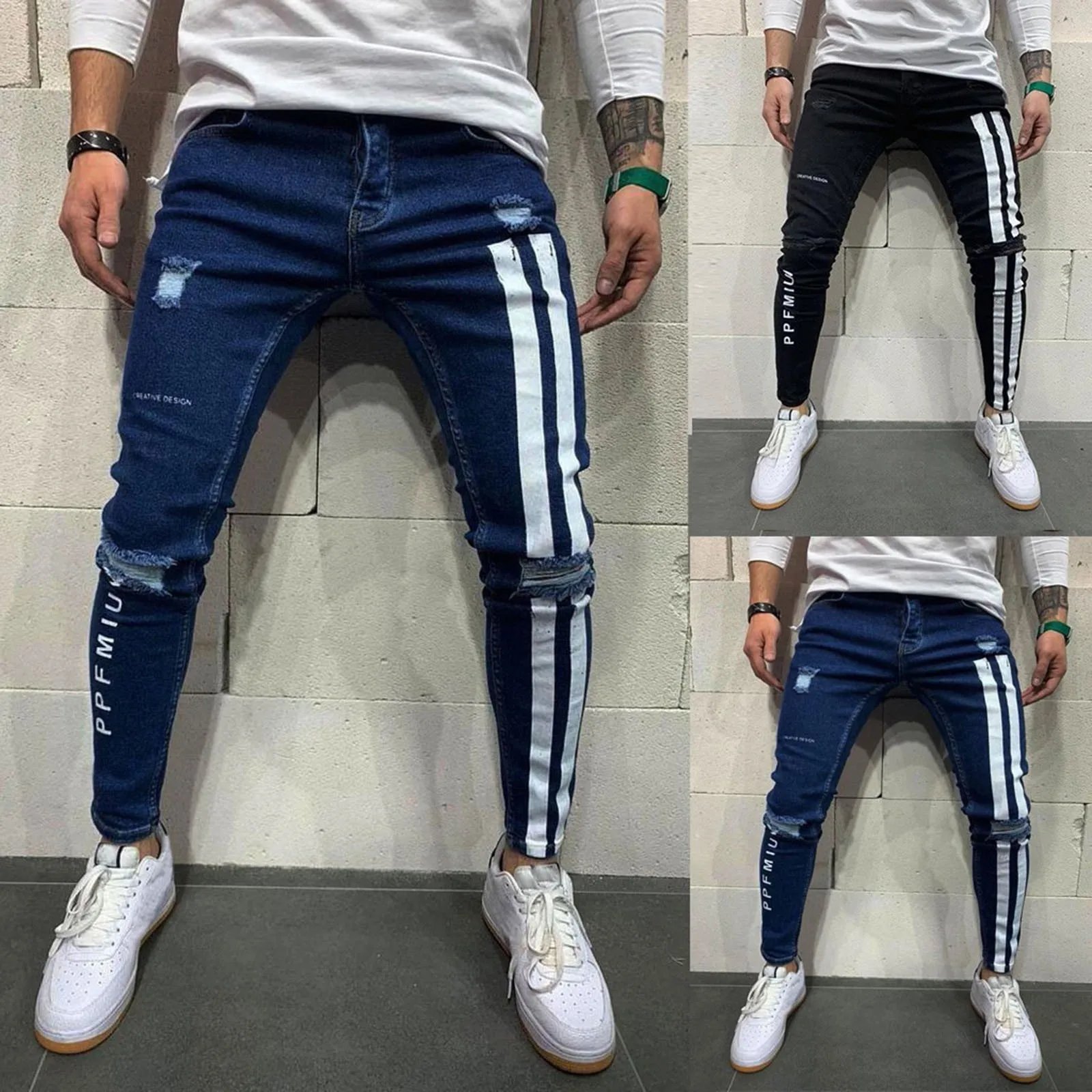 Men Striped Zipper Denim Hole Vintage Wash Hip Hop Work Trousers Jeans Pants Men Baggy Harem Jean Trousers