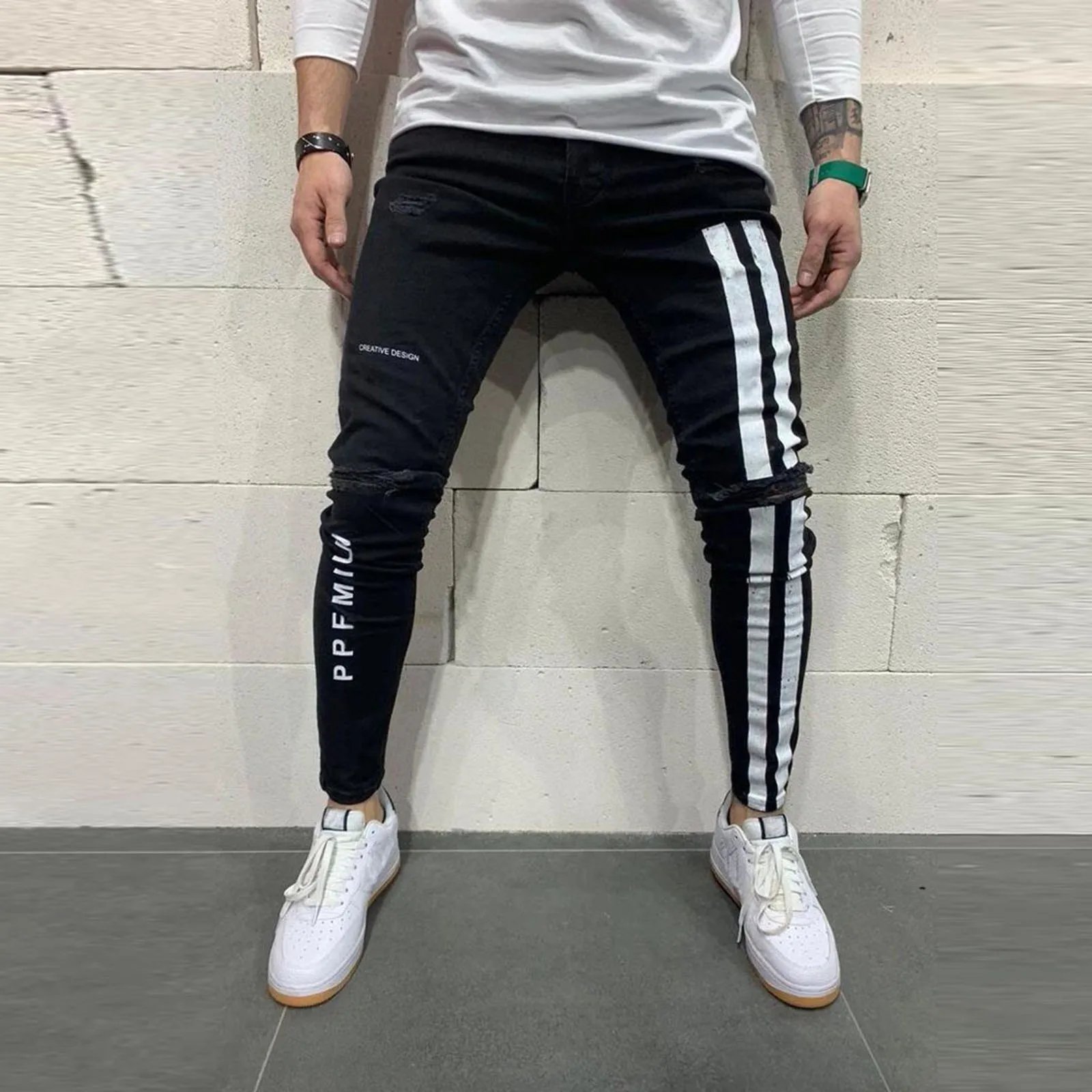 Men Striped Zipper Denim Hole Vintage Wash Hip Hop Work Trousers Jeans Pants Men Baggy Harem Jean Trousers