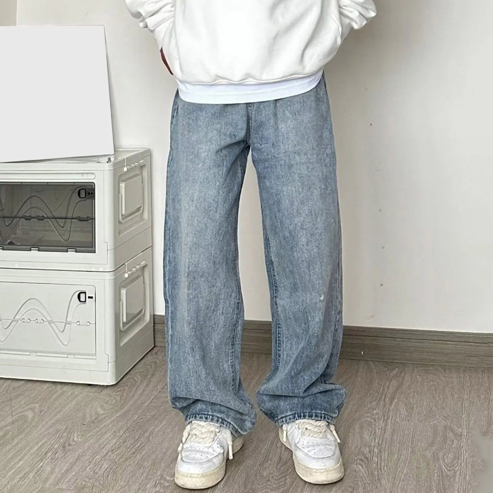 Mens Vintage Jeans Mens Spring Wash Made Old Straight Leg Wide Leg Pants With High Street Casual Pants Streetwear Baggy Jeans