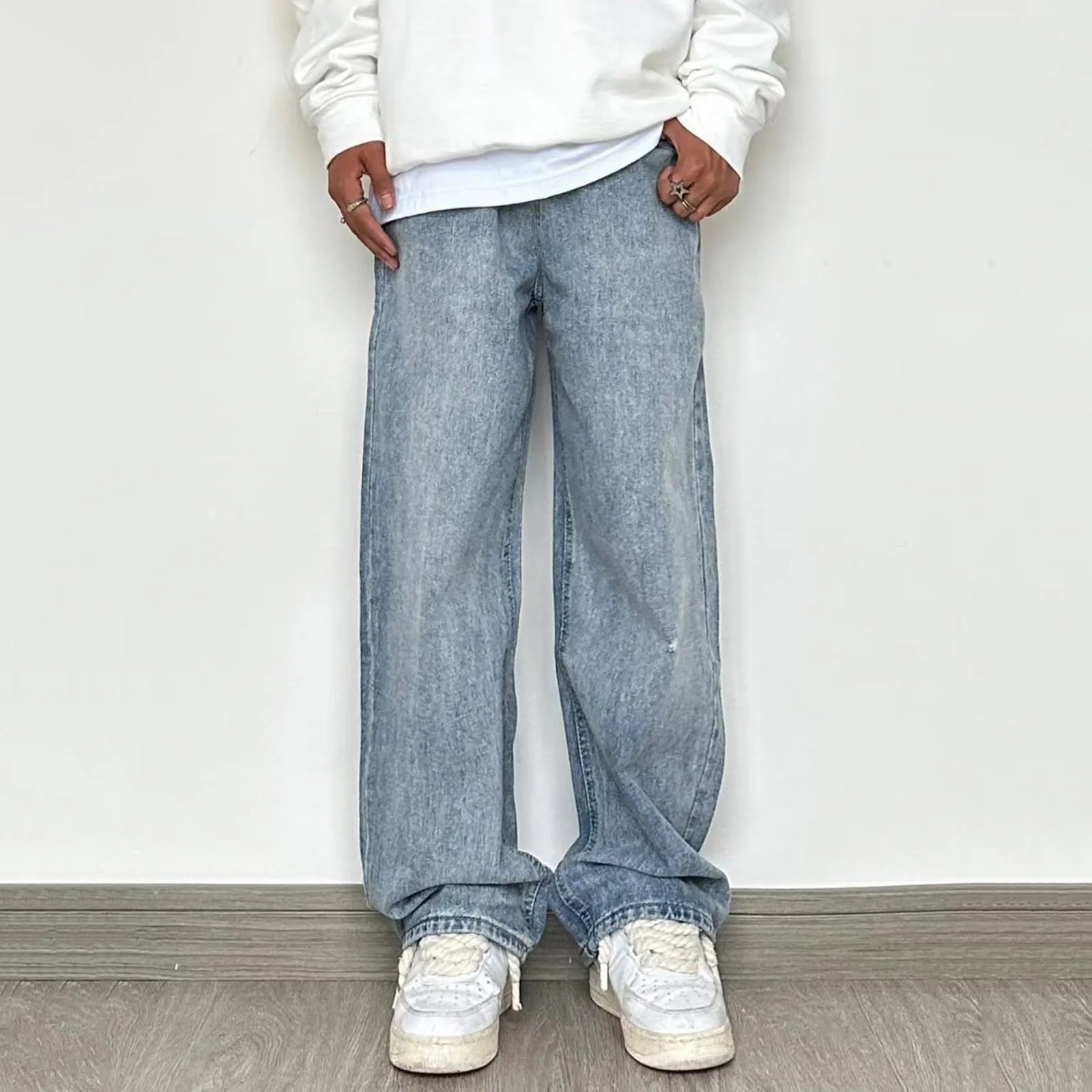 Mens Vintage Jeans Mens Spring Wash Made Old Straight Leg Wide Leg Pants With High Street Casual Pants Streetwear Baggy Jeans