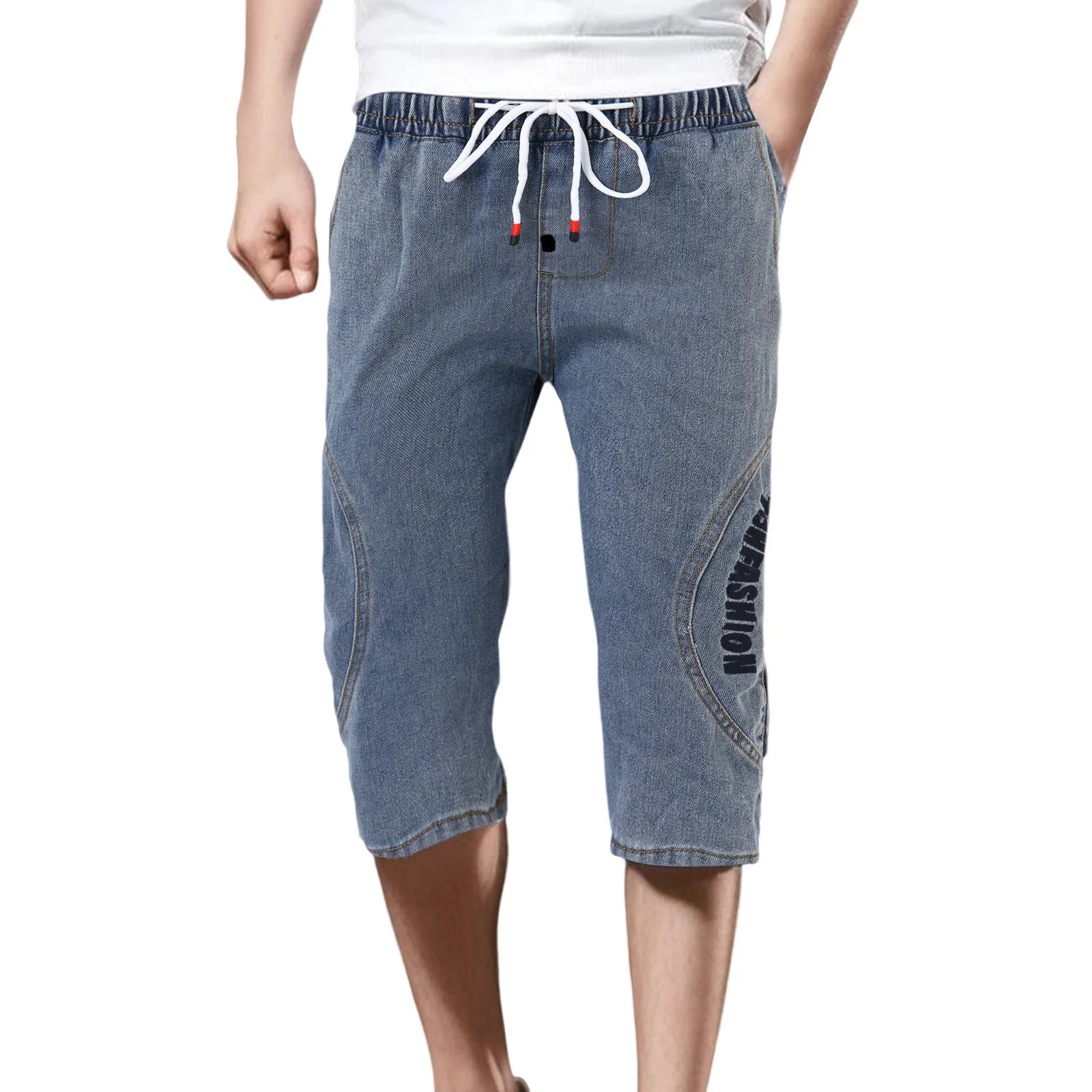 Mens Thin Summer Trend Slim Stretch Loose Straight Leg Casual Denim Capri Shorts Men Baggy Harem Jean Trousers