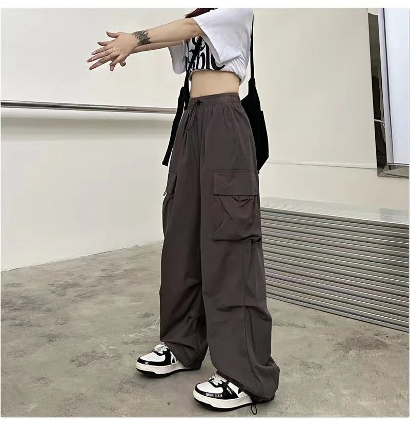 2024 Women Casual Joggers Tech Pants Solid Low Waist Pants Drawstring Wide Leg Baggy Trousers Y2k Streetwear Oversize Sweatpants