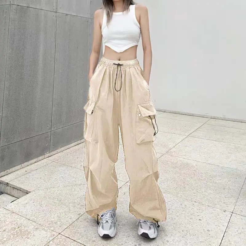 2024 Women Casual Joggers Tech Pants Solid Low Waist Pants Drawstring Wide Leg Baggy Trousers Y2k Streetwear Oversize Sweatpants