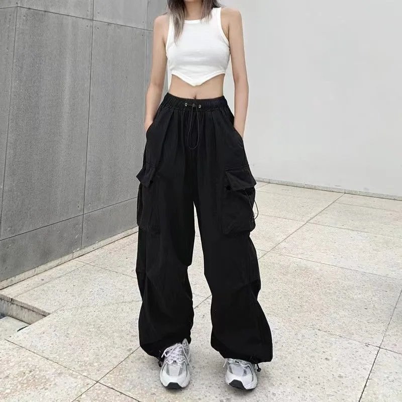 2024 Women Casual Joggers Tech Pants Solid Low Waist Pants Drawstring Wide Leg Baggy Trousers Y2k Streetwear Oversize Sweatpants