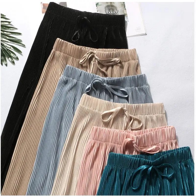 Women Fashion Summer Wide Leg Pants Pleated Ice Silk Trousers Elastic Waist Loose Casual Pants