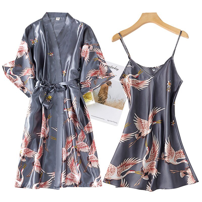 Women's Rayon Lace Trim Bathrobe with Night Dress Set