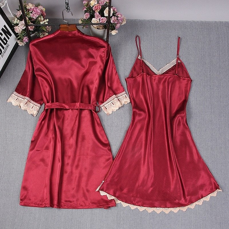 Women's Rayon Lace Trim Bathrobe with Night Dress Set