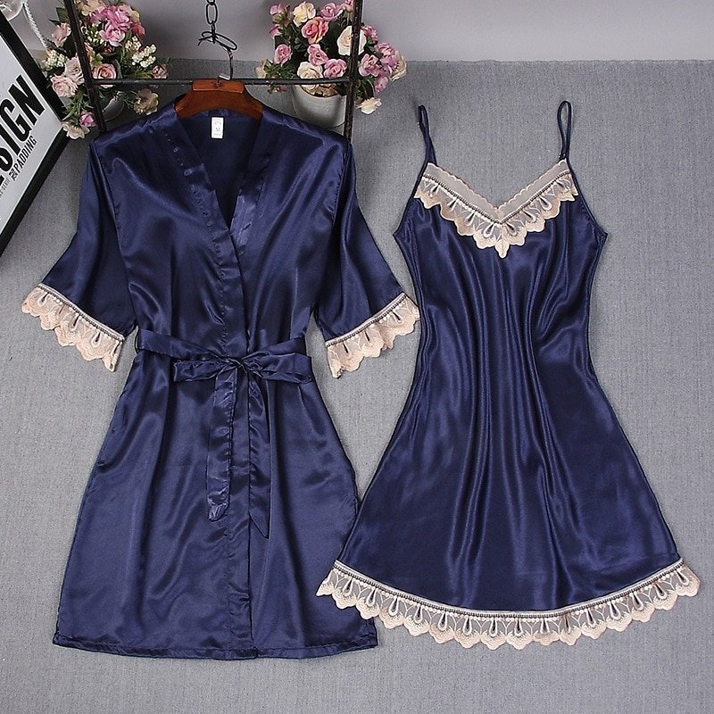 Women's Rayon Lace Trim Bathrobe with Night Dress Set