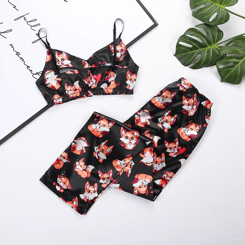 Women's Spaghetti Strap Fox Printed Pajama Set